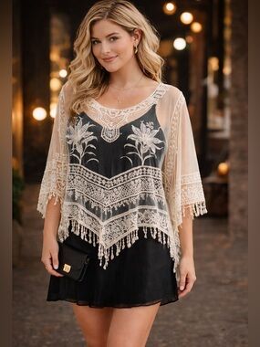 YOOMITO Boho Lace Tunic XL XXL Sheer Crochet Fringe Festival Poncho Ivory